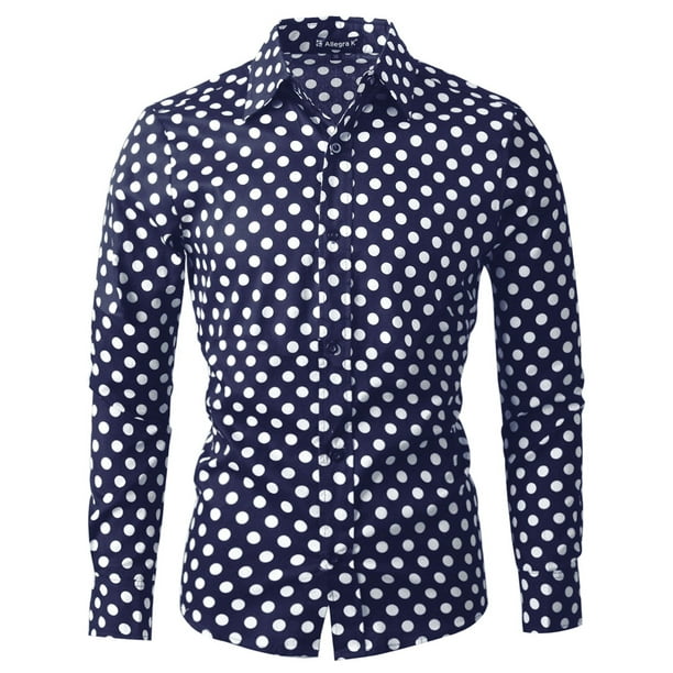 Camisa de Hombre INSPIRE CHIC con Patrón de Lunares, Cuello de Punta, Manga Larga, Botones, Talla 46, Azul Marino