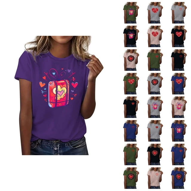 T-shirts de la Saint-Valentin pour Femmes 2026 à Manches Courtes Col Rond avec Cœur Graphique