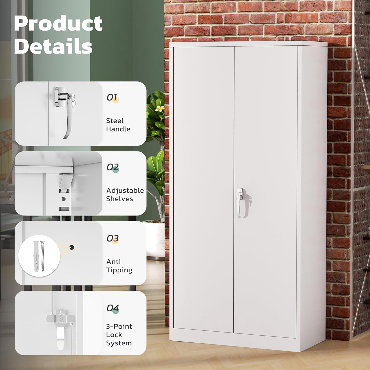SOLAURA 72 inches Tall Metal Garage Storage Cabinets, Lockable Steel Storage Cabinet with Doors and Adjustable Shelves for Office, Home, Shops, Garage, Assembly Required, White
