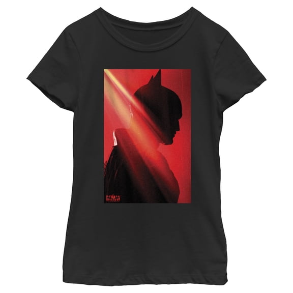 Girl's The Batman Red and Black Silhouette Side Profile  Graphic Tee Black Small