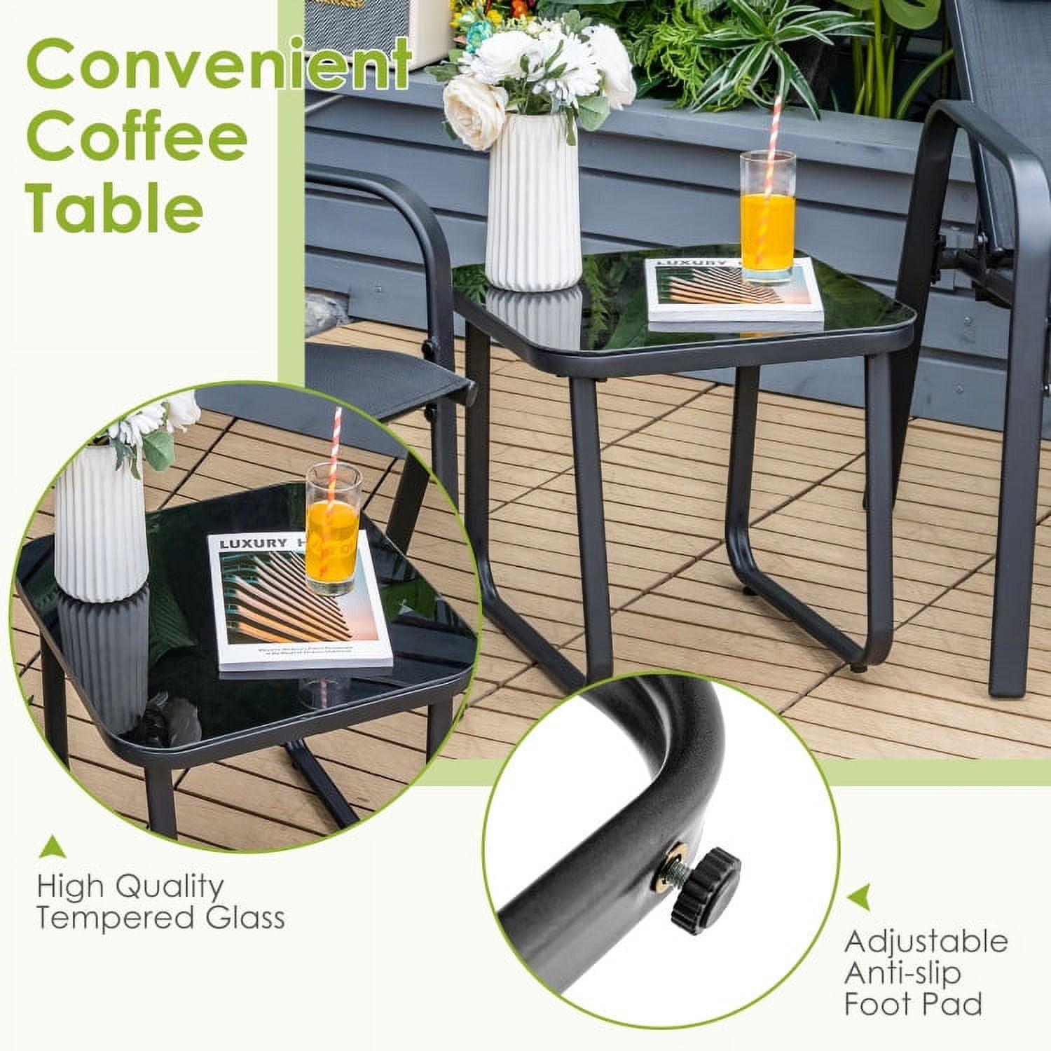Aimee Lii 3 Pieces Outdoor Patio Furniture Set, Patio Bistro Furniture Set with Adjustable Backrest, Black
