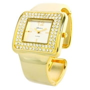 Gold Tone Crystal Bezel Iced Out Ladies Quartz Wrist Watch, Luxury Dress Bangle Cuff Watch for Women