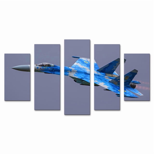 Cuadro Decorativo Avión Sukhoi Camuflaje Azul Juego De 5 Piezas 150x80cm Ideal Para Sala Oficina Moderna