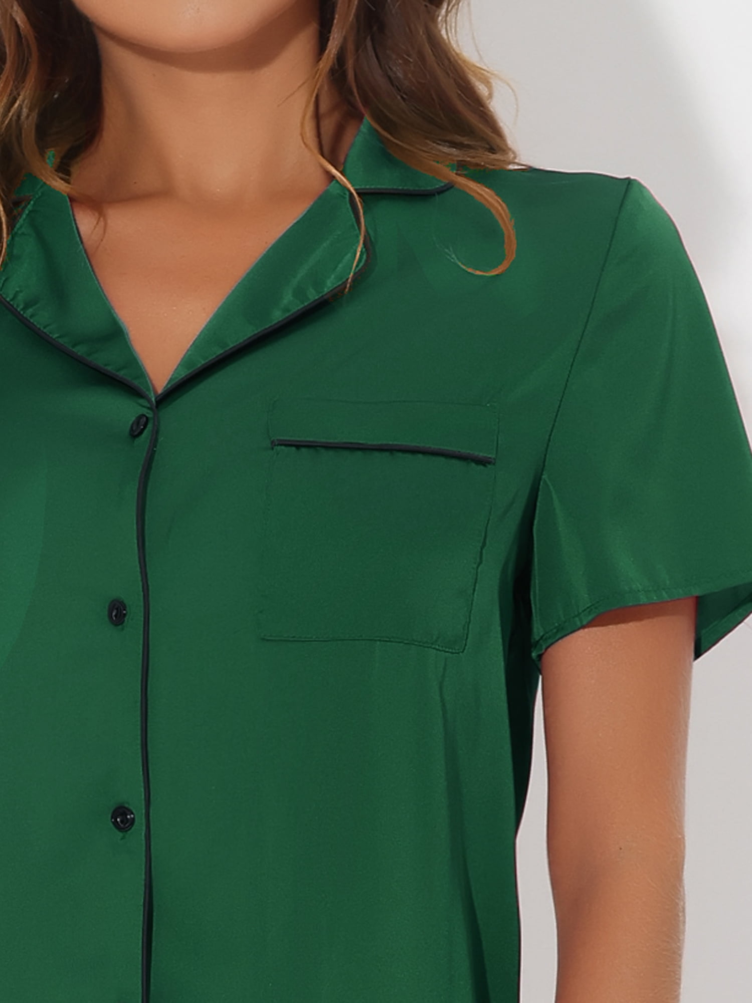 DARING DIVA Women's Satin Front Single Pocket Pajamas Sets M Dark Green