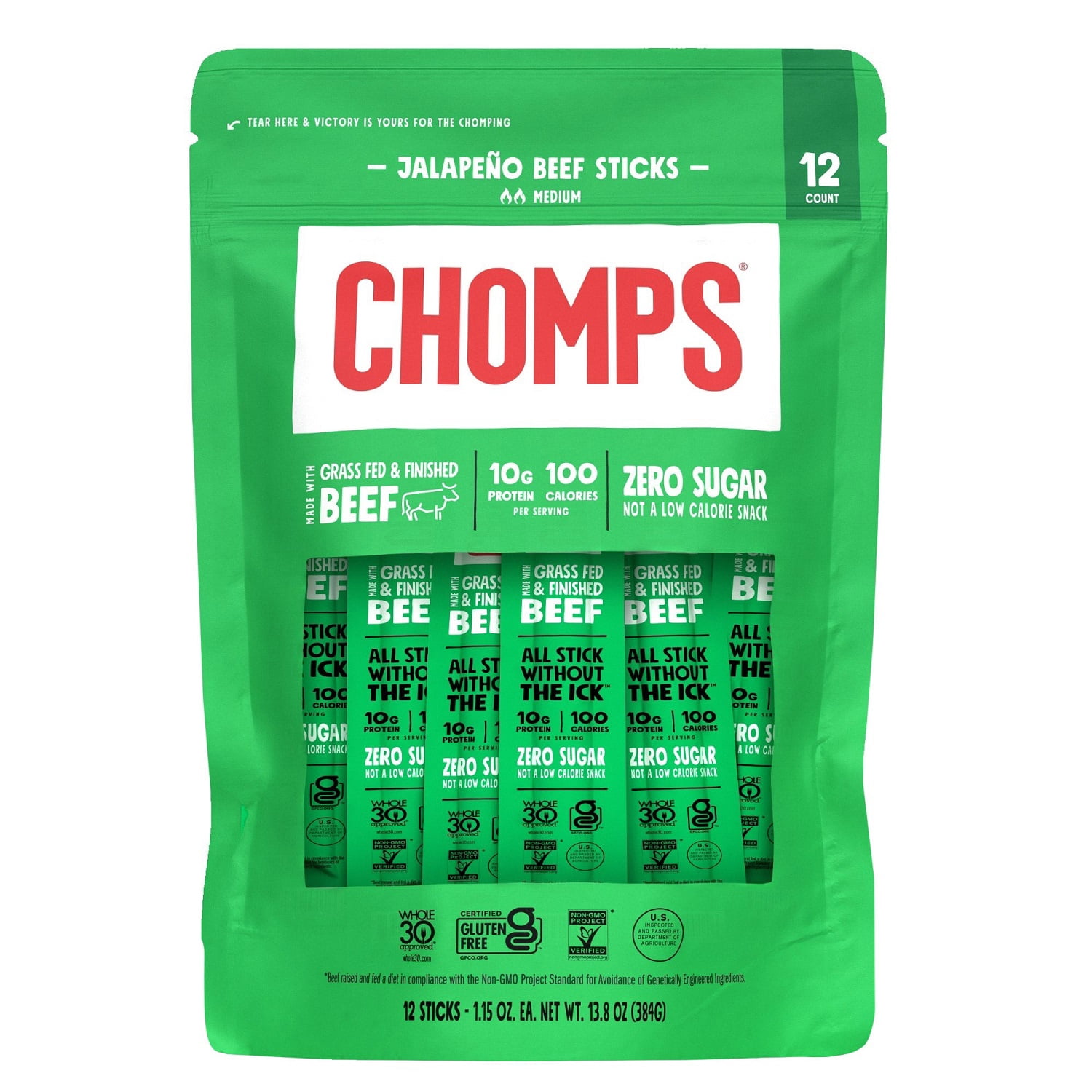 Chomps Beef Sticks, Jalapeno, 1.15 Ounce (Pack of 12)