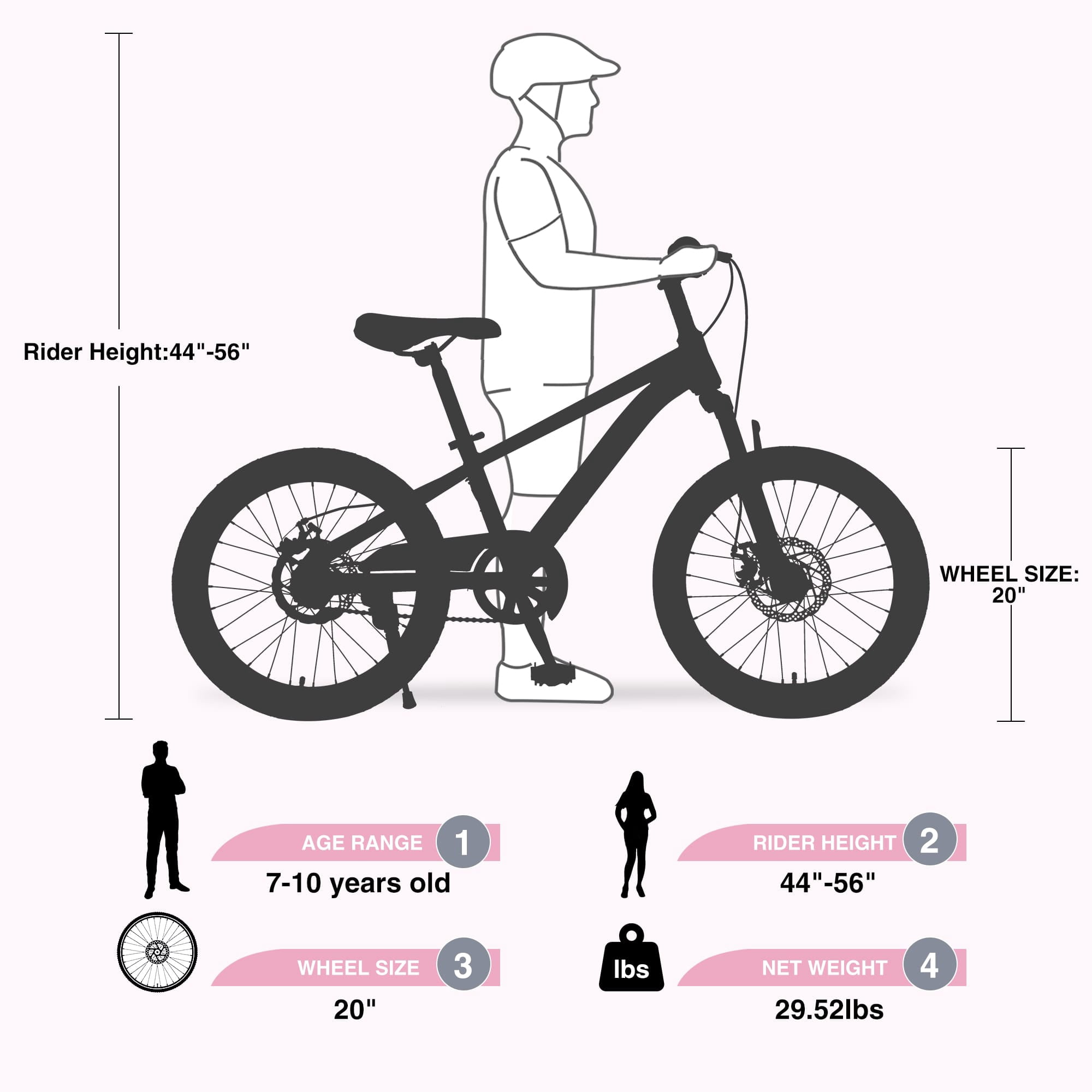 20 Inch Kids' Bike, Boys Girls Mountain Bike Ages 8-12, 7 Speed Teenager Children Kids' Bicycles, Front Suspension Disc Brake Rear V-Brake, High Steel Frame