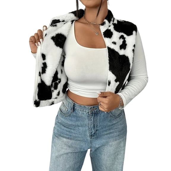 Women'S Plus Size Cropped Jacket Cow Print Sleeveless Zip Up Fuzzy Y2K Fall Vest Outerwear Black L