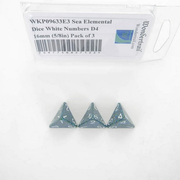 Sea Elemental Dice with White Numbers D4 16mm (5/8in) Pack of 3 Wondertrail