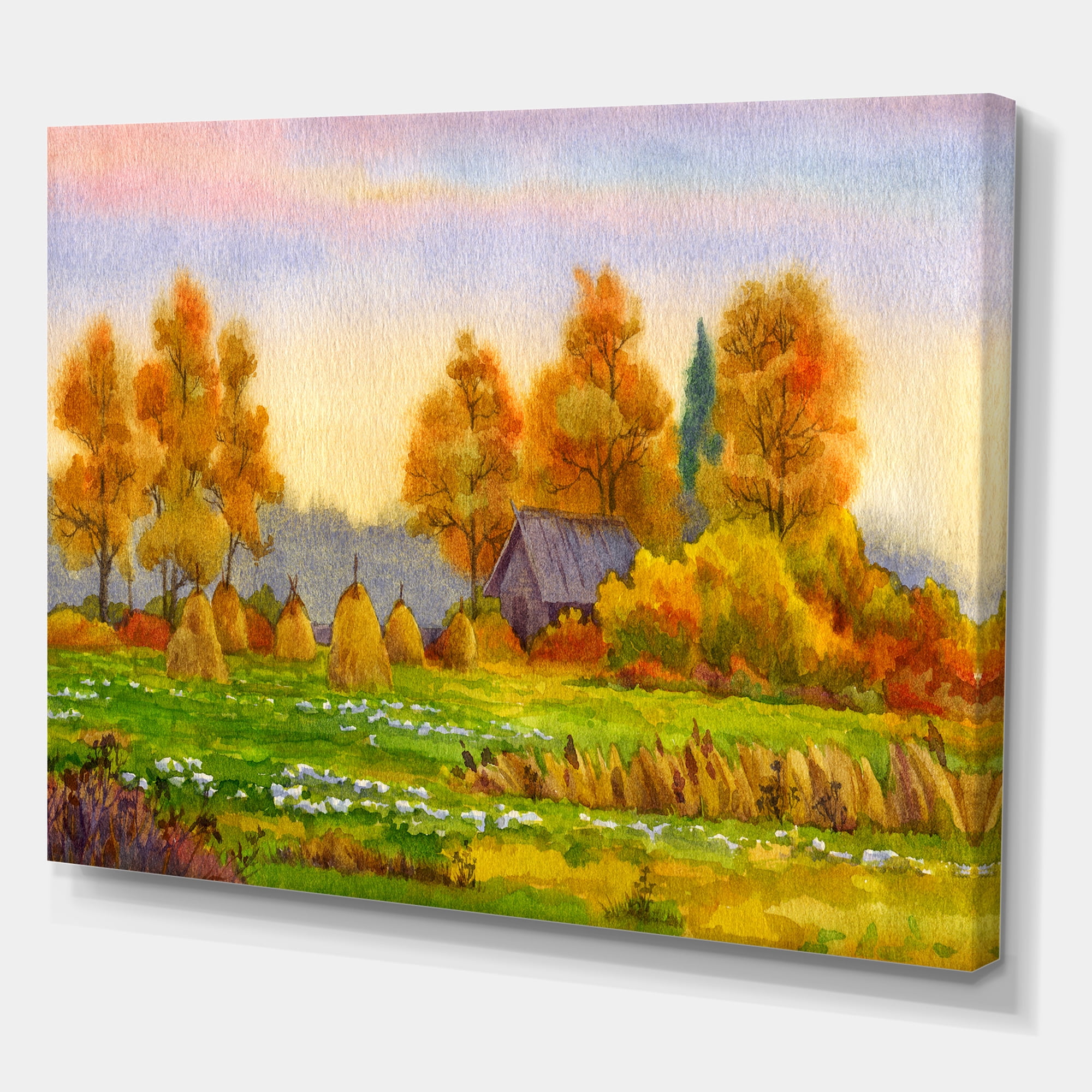 Designart ' Orange Fields With Haystacks I ' Lake House Canvas Wall Art Print