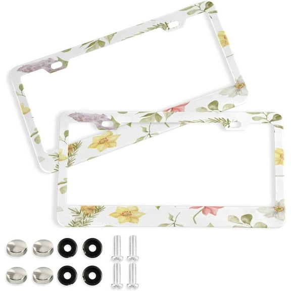 Coolnut Spring Flowers License Plate Frame 2 Pack 2 Holes Car Aluminum License Plate Holder Automotive Parts Decoration Universal with Screw Caps Cover