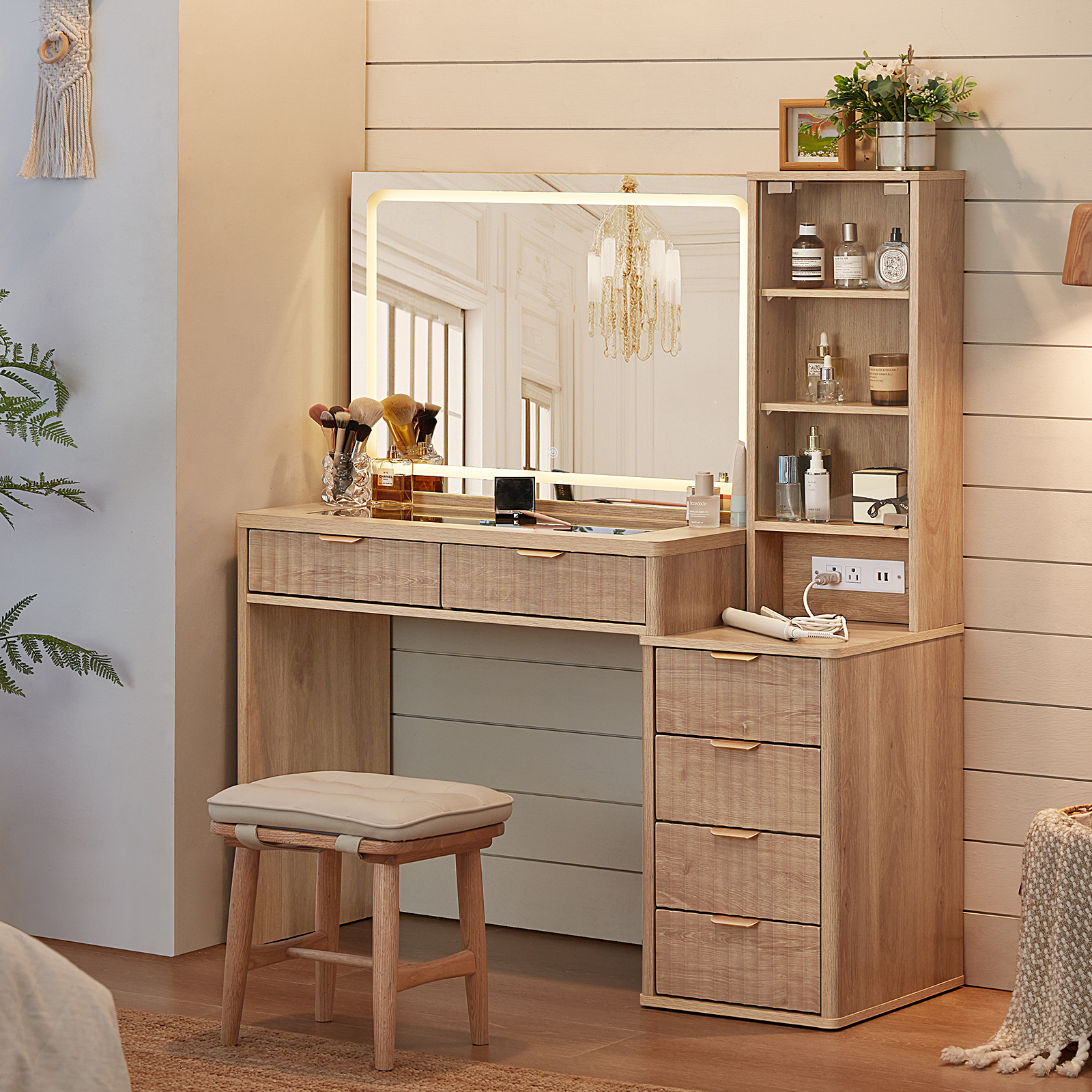 43.5" Fluted Vanity Desk with Mirror and Lights and Power Outlet, Makeup Vanity with Large Desktop & Drawers, Vanity Set with Stool for Bedroom, Natural Wood