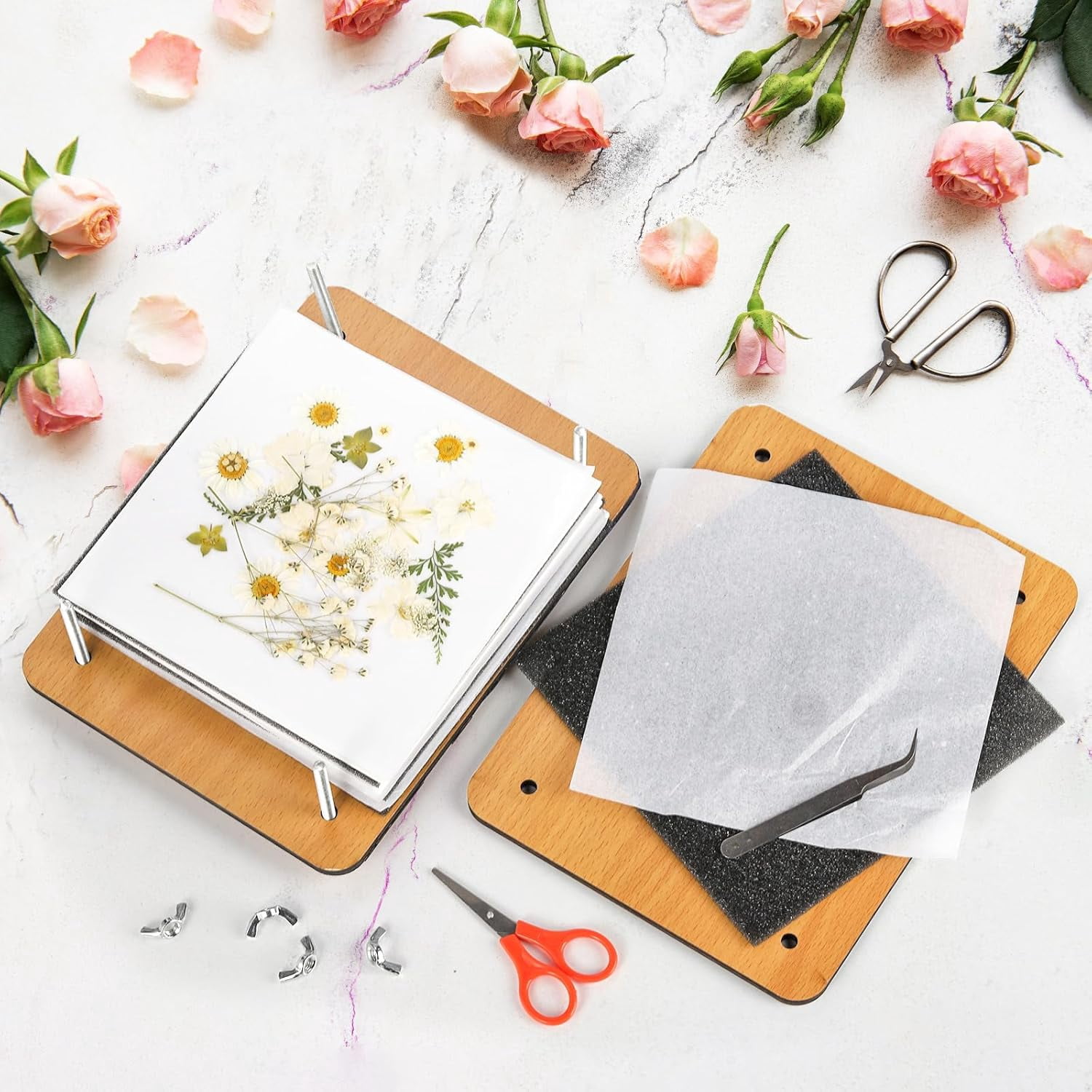 DF 54Pcs Flower Press Kit, 7" x 9.5" 6-Layer Wooden Leaves Pressing Kit for Adult, Solid Wood Book Pressed Plant Preservation Kit, DIY Arts Dried Flowers Craft Tool for Children Gift