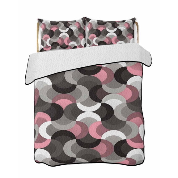 Quilts Full Size Bedding Set, Pink Grey Abstract Lightweight Quilted Comforter, Modern Geometric Ombre Artwork Soft Reversible Bedspread Coverlet with Pillow Covers for All Season, 78" x 90"