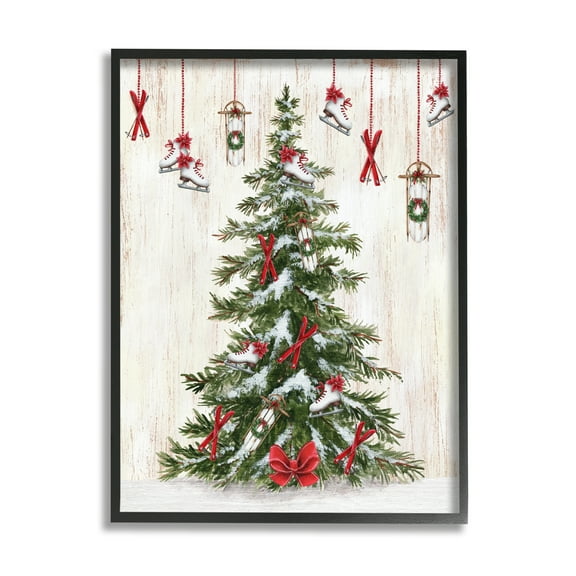 Stupell Industries Ice Skates & Sleds on Tree Holiday Painting Black Framed Art Print Wall Art, 11 x 14