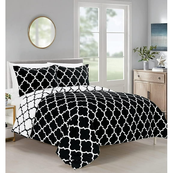 Elegant Comfort Super Soft Quatrefoil Comforter Pattern Down Alternative Reversible 3-Piece Comforter Set,King, Black/White
