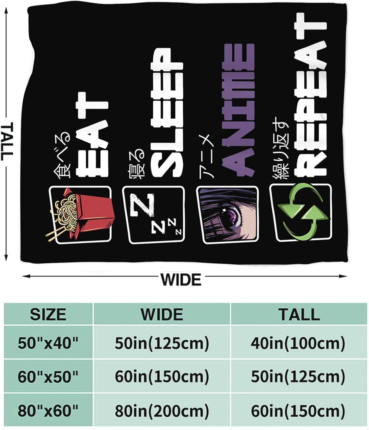 Eat Sleep Anime Blanket for Boys Girls Flannel Anime Throw Blanket Ultra Soft Cozy Fleece Decor Blankets Gift for Womens Mens Couch Sofa Bed 60" x 50"