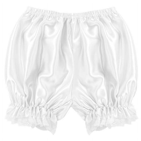 BOOYOU Women Girls Silky Satin Lolita Bloomers Ruffles Lace Trim Maid Loose Pumpkin Pants Solid Color Gothic Elastic Waist Security Safety Shorts Underwear