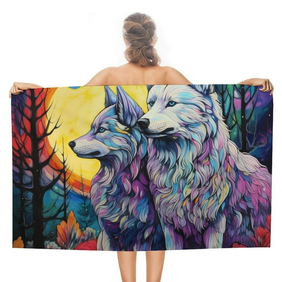 Colorful Wolf Microfiber Beach Towel Lightweight 63''x32'' Oversized Extra Large Towels Quick Dry for Travel Pool Yoga Gym Sports Accessories Vacation Essential