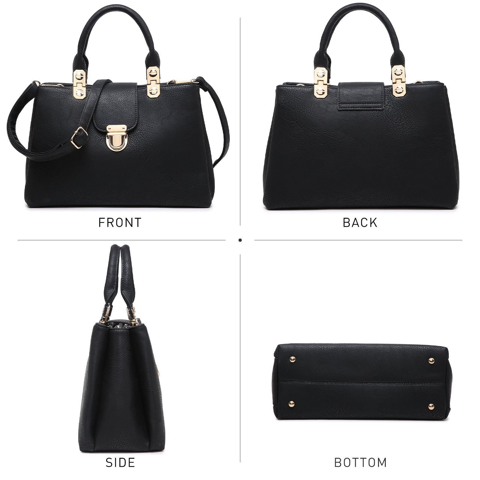 Dasein Women's PU Leather Solid Print Zipper Tote Shoulder Bag, Black