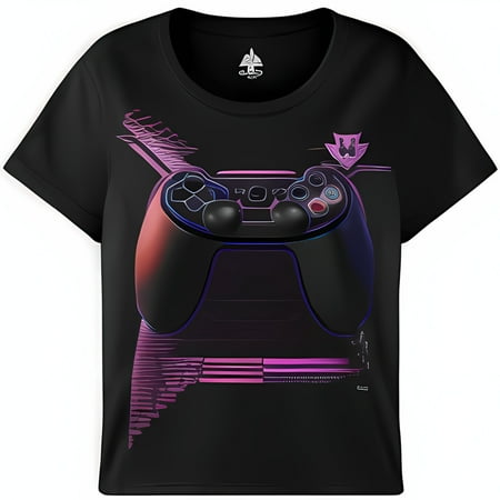 

PS5 Gaming Controller Black T-Shirt for Girls 8 20 Years Old Vector Design with Purple Light Pink Highlights and Gaming Artwork 4K Mockup