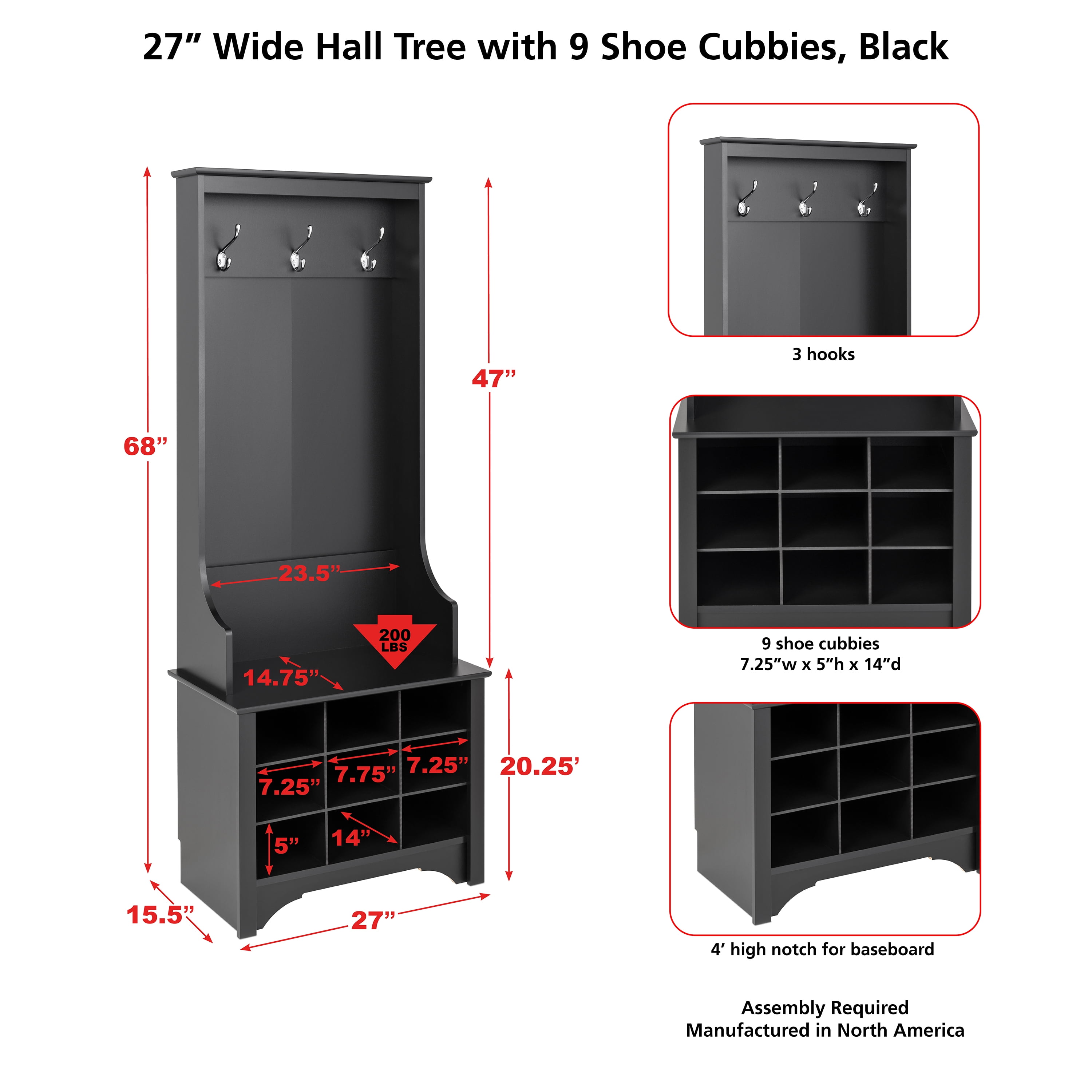 Prepac Narrow Hall Tree With 9 Shoe Cubbies In Drifted Gray Finish - 68