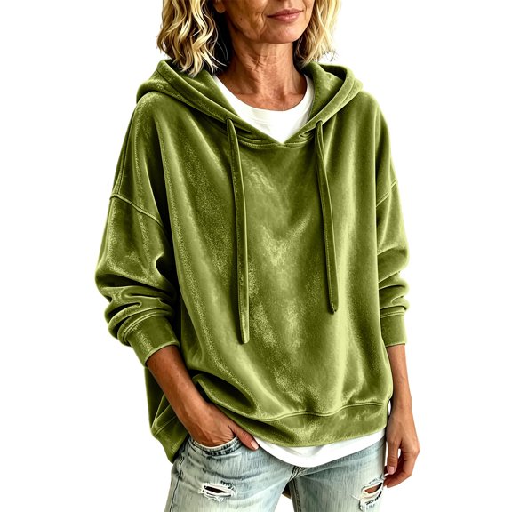 Fewfanhot Womens Tops Casual Loose-fitting Long-sleeved Knitted Velvet Hooded Sweatshirt Top