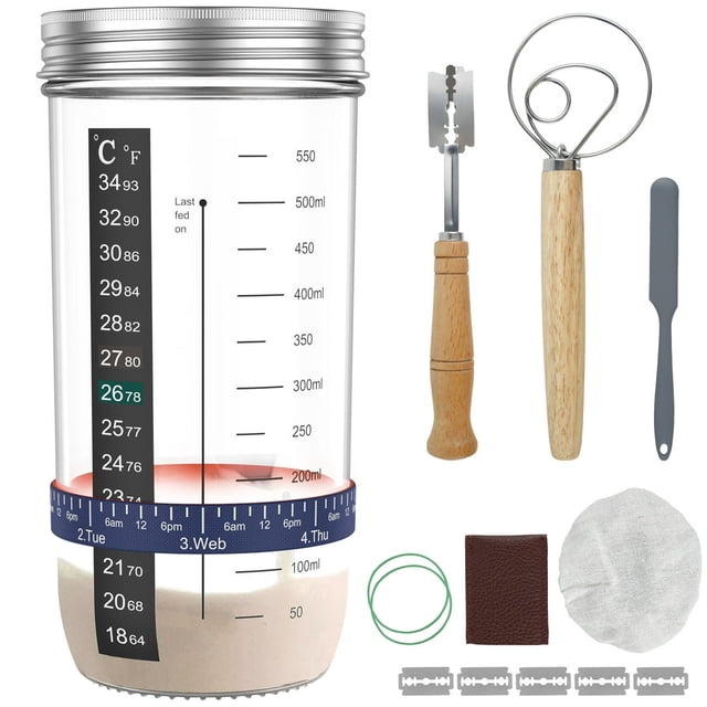 Ensemble de 9 Pots de Levain avec Échelle 730 ml Contenant de Levain Résistant à la Chaleur avec Couvercle Spatule en Silicone Thermomètre Réservoir de Fermentation en Verre Réutilisable pour la Cuisson du Levain
