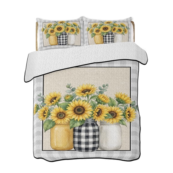 Sunflower Quilts Bedding Set California King Classic Floral Black White Gray Plaid Rustic Farmhouse Lightweight Quilted Bedspread 3 Piece Bed Quilt with 2 Pillow Shams for Bedroom 96" x 106"