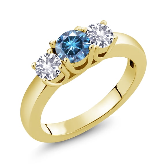 Gem Stone King 18K Yellow Gold Plated Silver 3-Stone Ring Round Persian Blue Moissanite and Created Sapphire White (1.00 Cttw, Size 6)