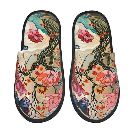 Balery Butterflies And Flowers Painting Slient Indoor Furry Fleece Comfort House Shoes Soft Non-Slip Home Shoes Cotton slippers House Slippers-- Medium