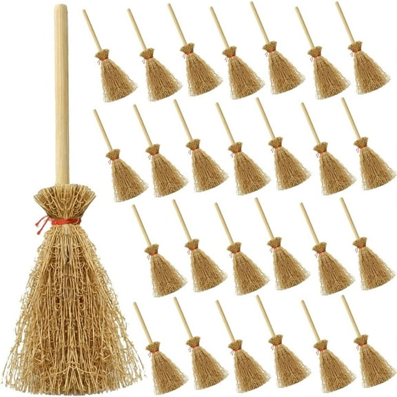 30PCS Miniature Artificial Mini Straw Brooms with Red Ropes Halloween Straw Craft Decoration Witches Accessory for Costume Cosplay Party