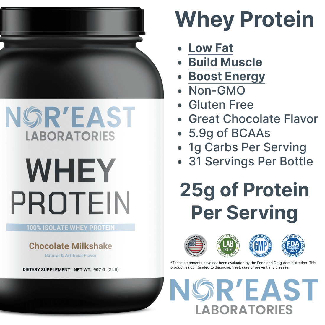 Nor'East Laboratories Whey Protein Isolate, Protein Powder, Chocolate, 2 Lb.
