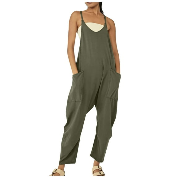 Dpytoraw Womens Solid Suspenders Casual Pants Jumpsuit Casual Pocket Jumpsuit Green