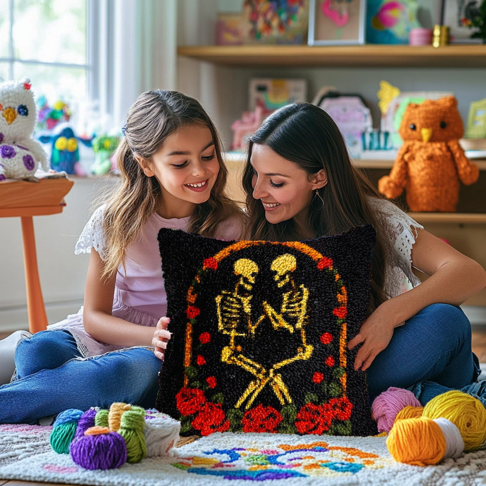 Skeleton Lover Couple and Rose DIY Latch Hook Pillow Kits for Adults Printed Pillowcase Crochet Yarns Hooking Handmade Pillow Cover Cushion for Home Sofa Decoration 17x17inch(1)