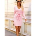 thumbnail image 5 of Women'S Long Sleeve Bodycon Sweater Dress V Neck Cable Knit Slit Midi Dresses with Belt Pink L, 5 of 9