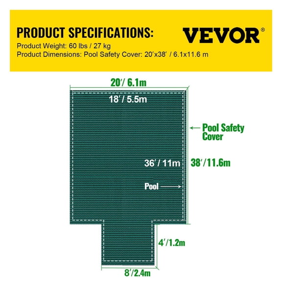 Winter Swimming Pool Cover, 18ft x 36ft, Heavy-Duty Mesh with Solid Center for Steps