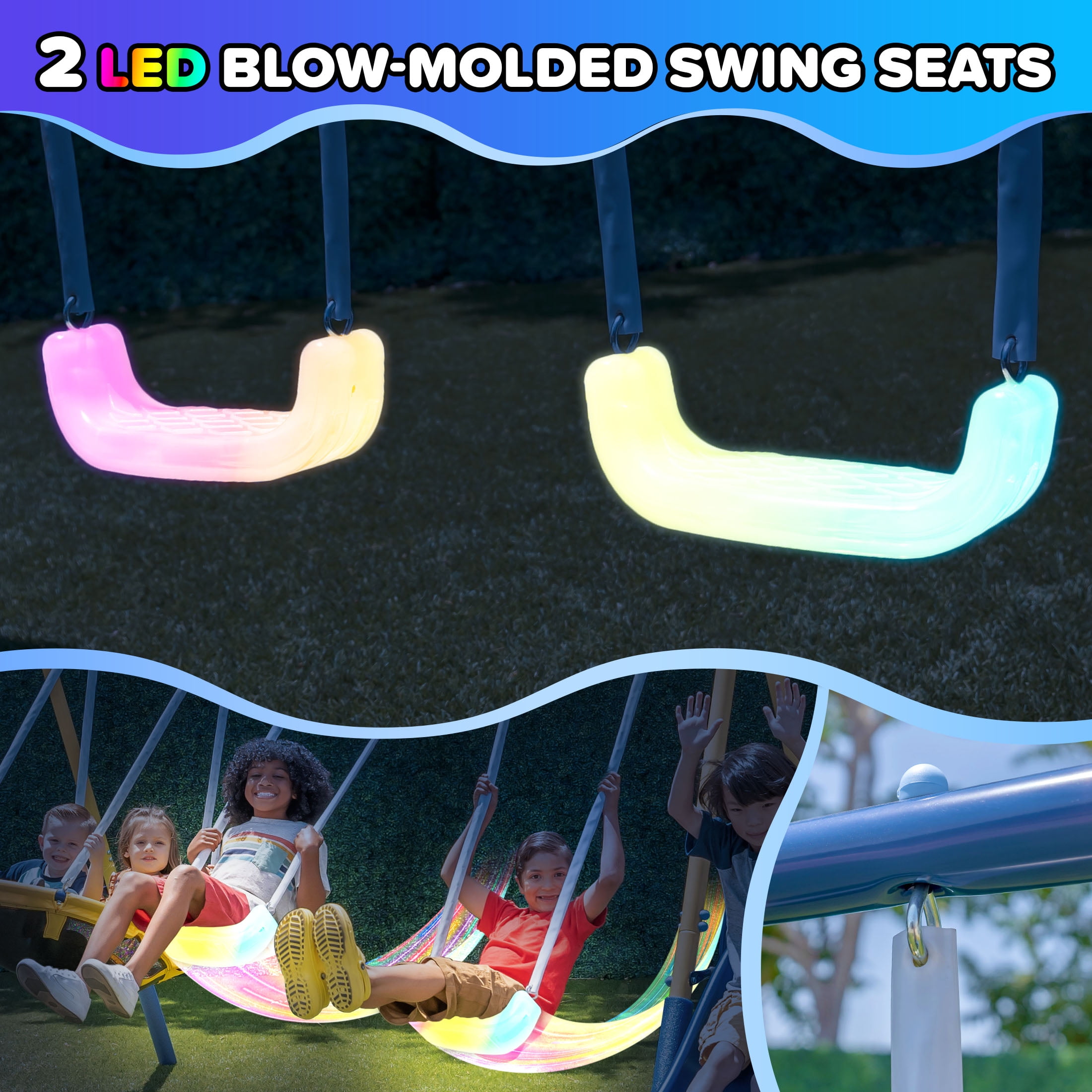 Sportspower Starlight Metal Swing Set with 2 LED Swings, Saucer Swing, Lifetime Warranty on Slide, and Bonus Anchor Kit, for Kids Aged 3-8