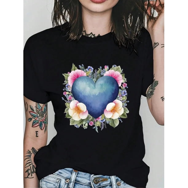 Blue Heart-Shaped Flowers Valentine's Day Top Creative Design Printed T-Shirts Women's Fashion Cute Casual Round Neck Short Sleeved Spring And Summer