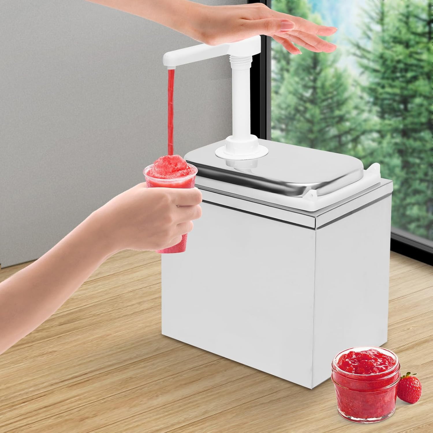Sauce Pump Dispenser,2.11QT Stainless Steel Squeeze Ketchup Dispenser Pump with Inside Box, Syrup Station Container for Home Kitchen Hotel Coffee Shop