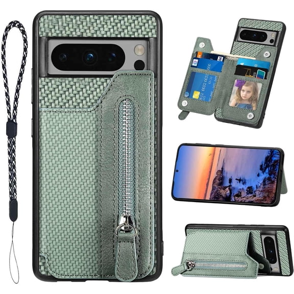 for Pixel 8 Pro Case Card Holder,Wallet Zipper,Camera Protector,Double Clasp,Leather Kickstand Card Slots Protective Flip Cases Cover for Google Pixel 8 Pro (2023) (Green)
