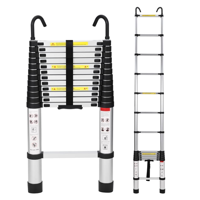 12.5ft/15.5ft/20.5ft Aluminum Telescoping Ladder, Extension Ladder with Safety Lock, Collapsible Ladder for Home Work RV Outdoor Silver