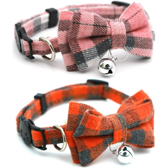 1 / 2-Pack Plaid Cat Collar with Bell and Bow, Breakaway Kitten Collar with Bell, Bowtie Puppy Collars for XXS Xs Small Little Pet Tiny Dogs