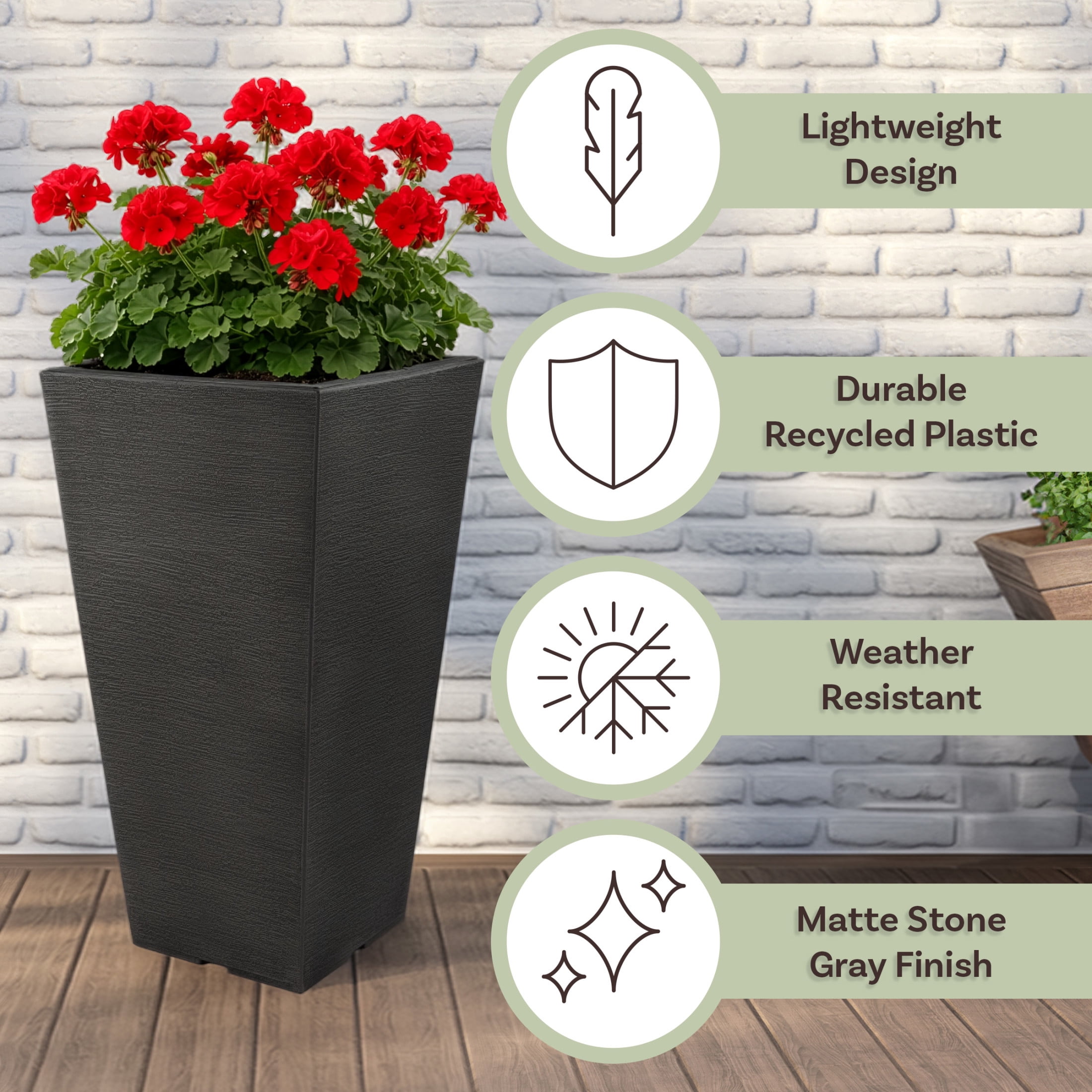 Pure Garden Large Outdoor Planters 2-Pack - 22.4” Tall Planters for Outdoor Plants or Indoors, Gray