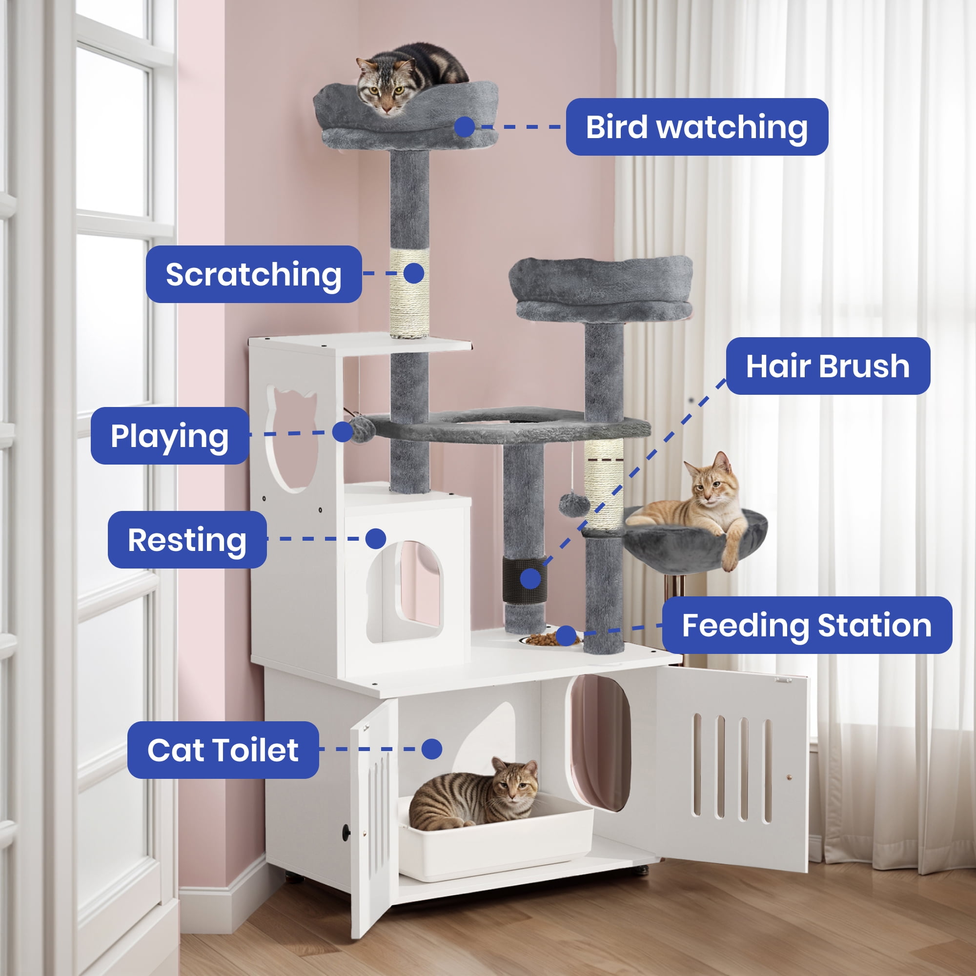 ModFusion Multi-Level Cat Tree Tower, Scratching Posts, Feeding Station, Enclosed Cat Toilet, White & Gray