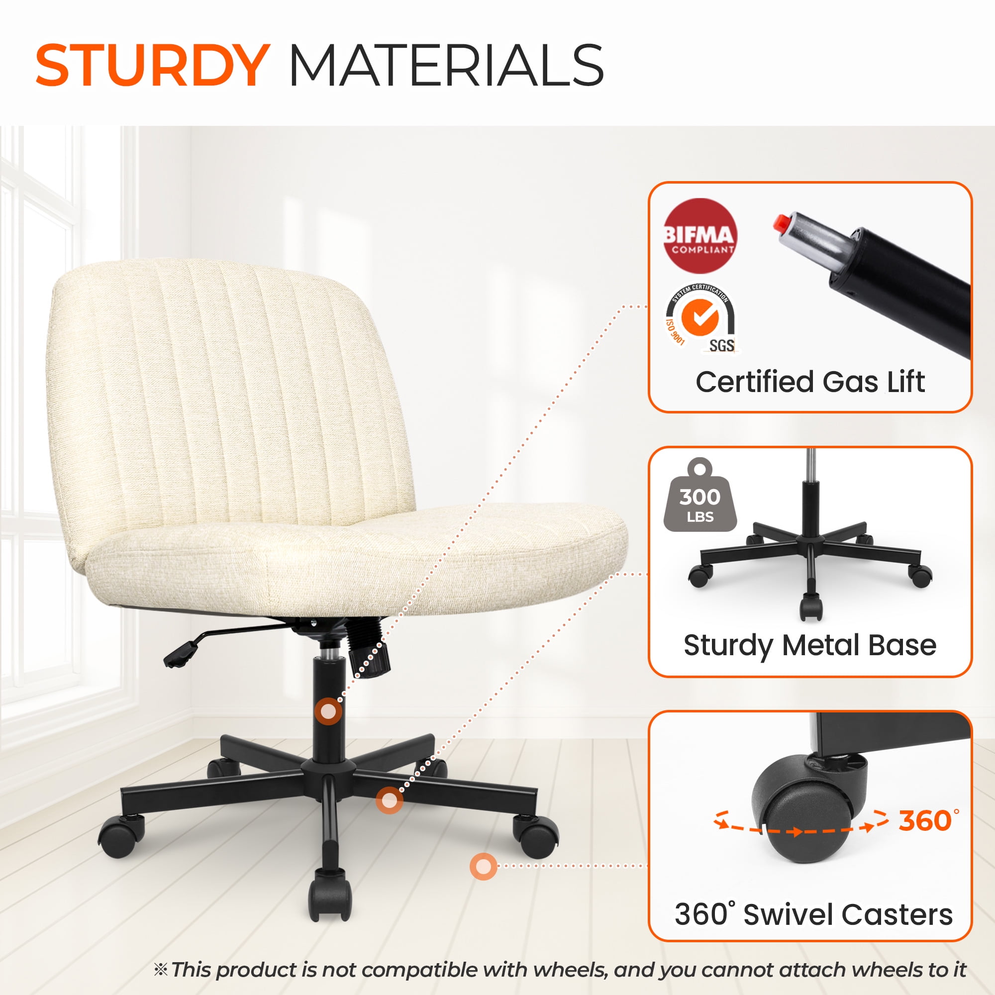Orange Factory Criss Cross Chair Wheels Wide Cross Legged Office Desk Vanity Chair Comfy Fabric Armless Adjustable Swivel for Home Computer Task (Beige Wheel, Fabric)