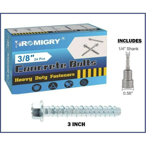 3/8" x 3" Heavy Duty Concrete Anchor Bolts Screws (24 PACK) Zinc Plated for Masonry, Cement, Bricks, or Blocks