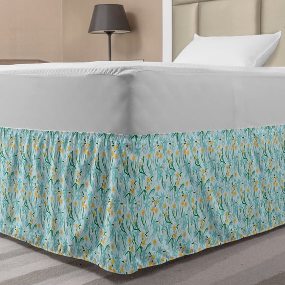 Flowers Bed Skirt, Spring Garden of Daffodil Blooms Meadow Chamomile Flourishing Revival, Elastic Bedskirt Dust Ruffle Wrap Around for Bedding Decor, 4 Sizes, Turquoise and Marigold, by Ambesonne