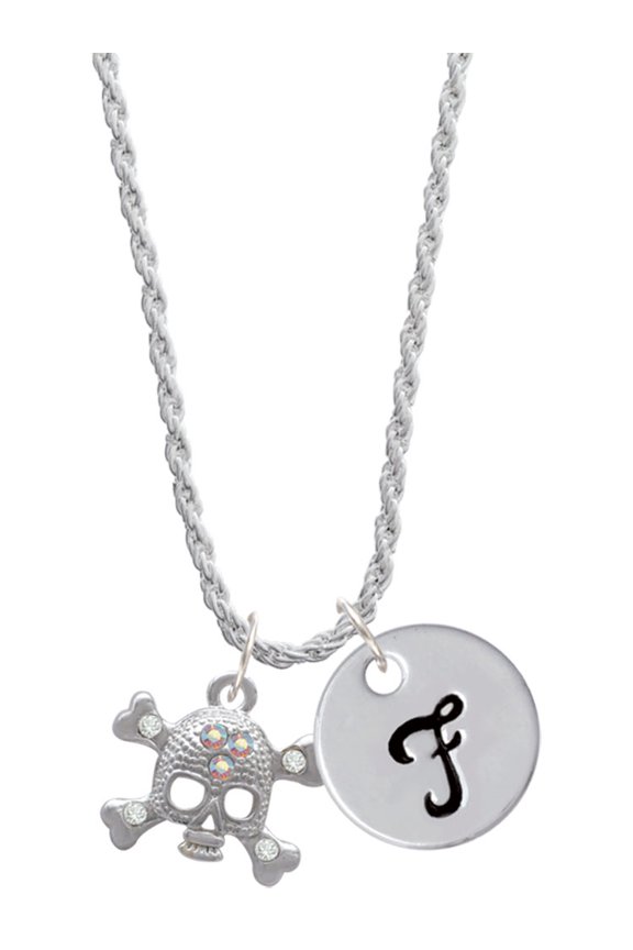 Silvertone Skull with 3 AB Crystals Silvertone Script Initial Disc - F - Charm Necklace, 20"+3"