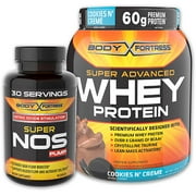 Body Fortress Super Advanced 2lb Cookies n Creme Whey Protein Powder + 90ct Super Nos Pump Nitric Oxide Stimulator Bundle