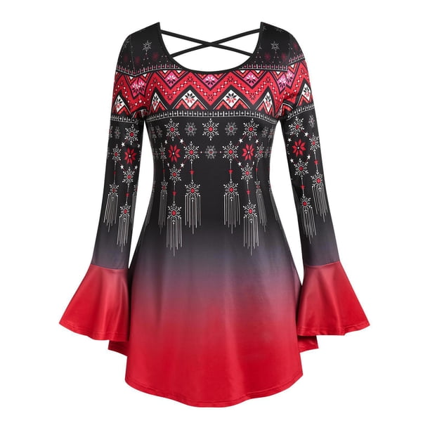 Camiseta de Navidad de Color Degradado con Estampado de Copo de Nieve con Mangas en Forma de Campanilla Rosegal Mangas largas de talla grande